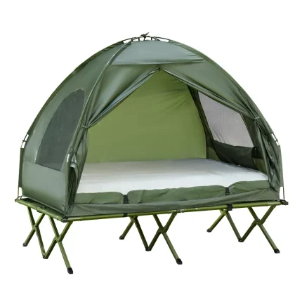 Outsunny 2 Person Foldable Camping Cot, Portable Outdoor with Sleeping Bag & Thick Air Mattress, Multifunctional Elevated Camping Bed Tent for 2