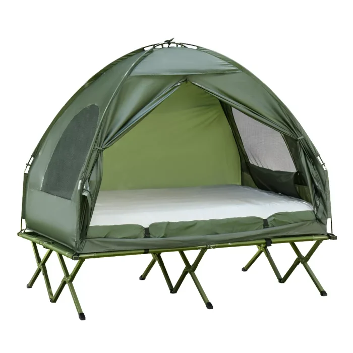 Outsunny 2 Person Foldable Camping Cot, Portable Outdoor with Sleeping Bag & Thick Air Mattress, Multifunctional Elevated Camping Bed Tent for 2 - Image 1
