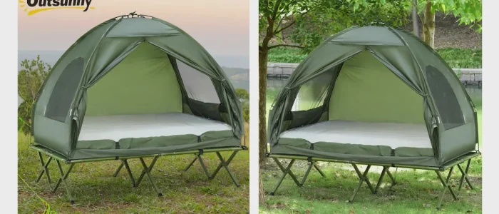 Outsunny 2 Person Foldable Camping Cot, Portable Outdoor with Sleeping Bag & Thick Air Mattress, Multifunctional Elevated Camping Bed Tent for 2 - Image 2